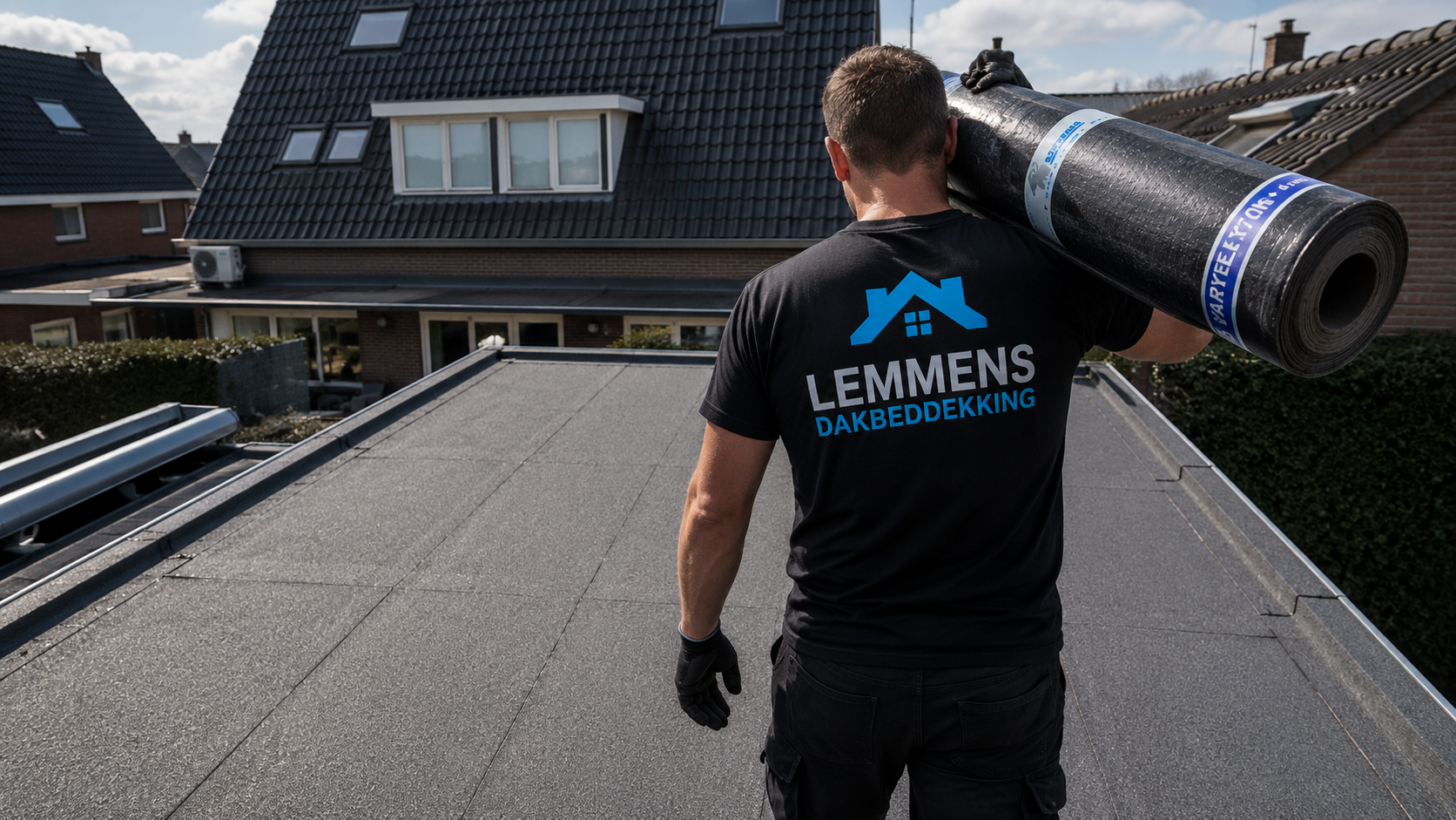 Dakdekker van Lemmens met rol bitumen op plat dak